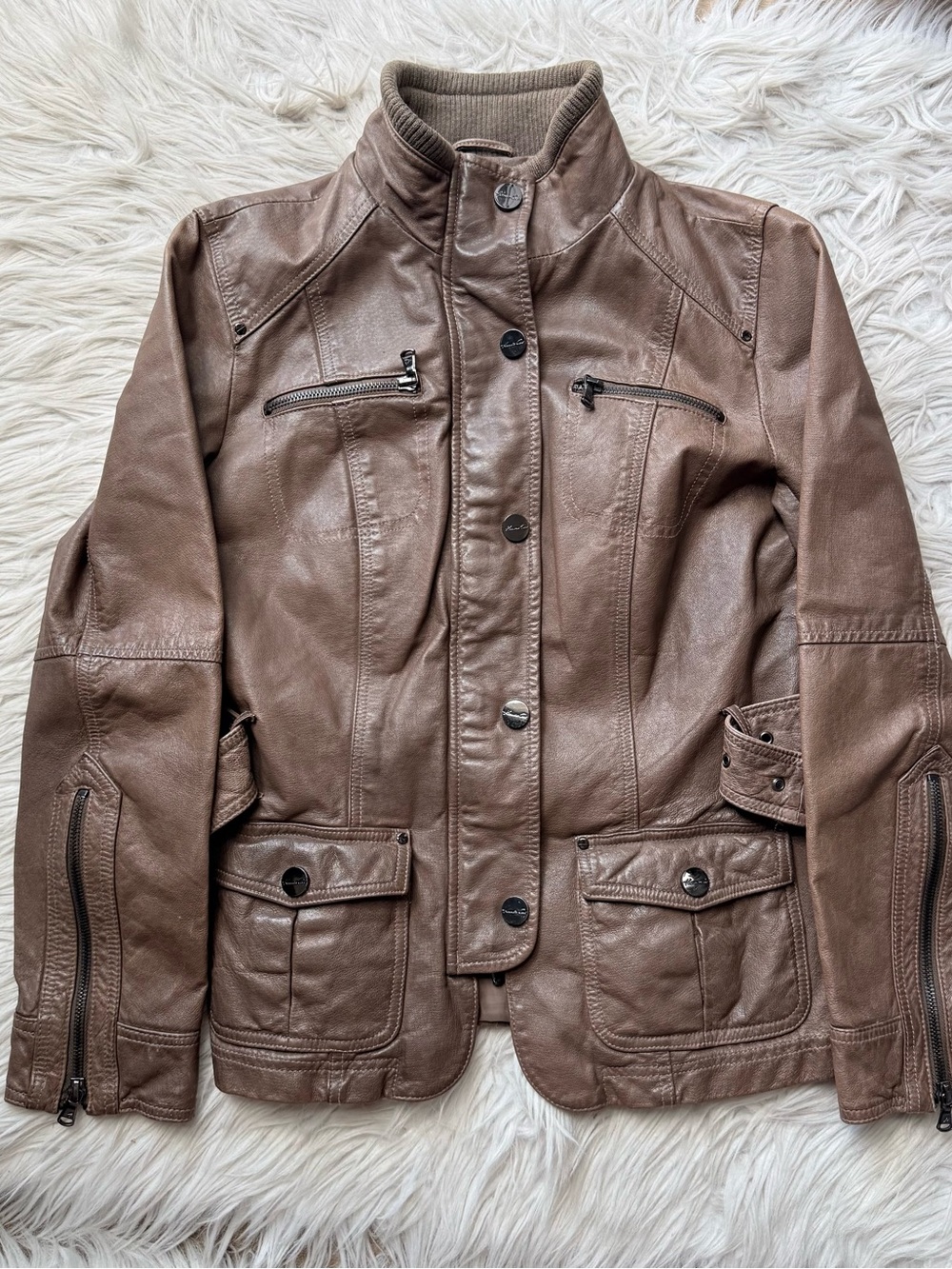 VTG Kenneth Cole Leather Belted Utility Jacket Taupe Brown Petite M Moto Racer